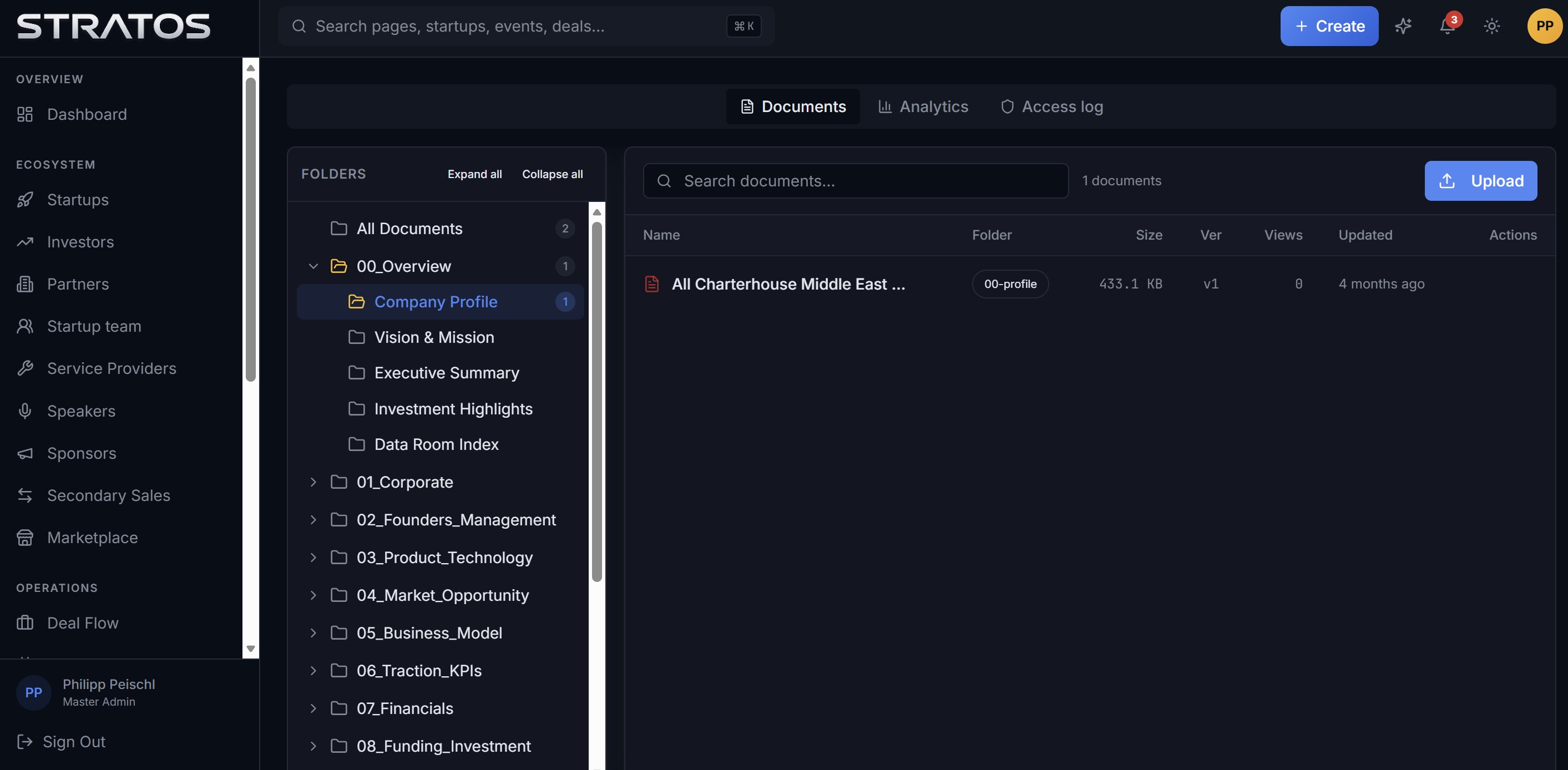 Investor-grade data rooms: a standard diligence tree, versioning, view analytics and full access logs.